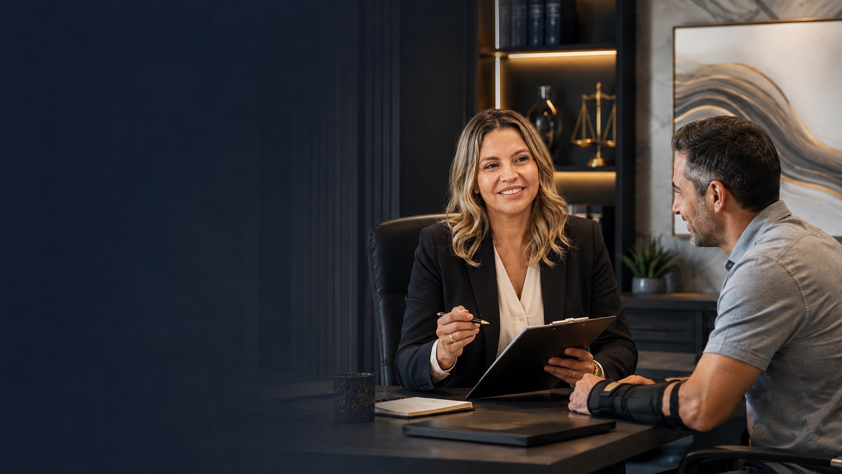 Atendimento no escritório: advogada orienta cliente com o braço imobilizado